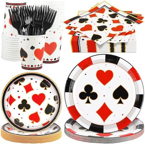 durony 144 Pieces Casino Paper Plates and Napkins Dinnerware Set Casino Birthday Party Tableware Supplies Includes Poker Club Paper Plates Napkins Forks Serve 24 for Casino Party Supplies by durony