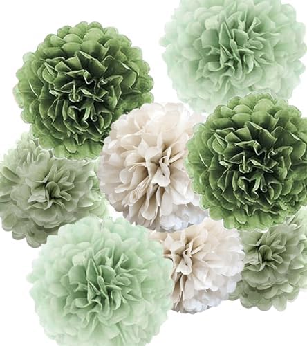 Tissue Paper Pom Poms Kit Paper Flowers 12pieces for Gender Baby Shower Wedding Bridal Bachelorette Birthday Party Decorations (Sage Olive Green) by Bamonos