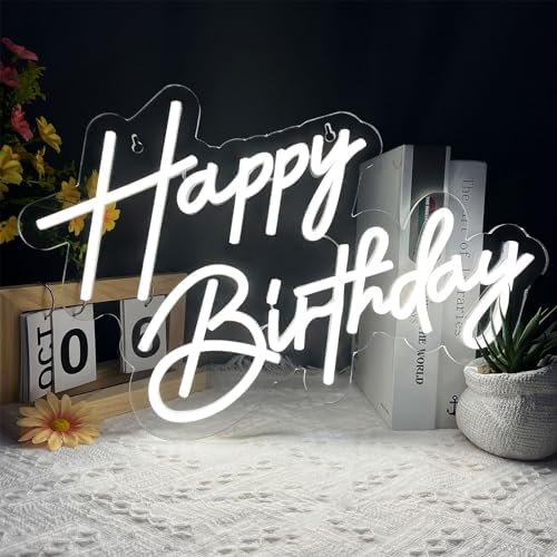 Happy Birthday Neon Sign for Wall Decor 17×12 Inch White Led Neon Light by Bernicekelly