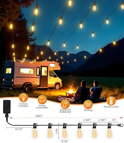 Tenmiro 200FT LED Outdoor String Lights with Remote, 74+2 Shatterproof Bulbs Dimmable Timing 3 Light Modes Outside Patio Lights for Backyard Porch Deck Garden Balcony Pool party Hanging Lighting Decor - Image 6