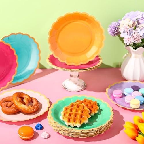96 Pcs Candy Rainbow Paper Plates 9 Inch Scalloped - Image 2