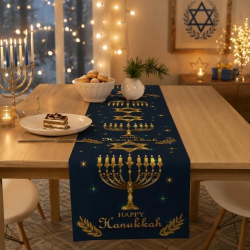 Hanukkah Decorations - Navy Blue Gold Hanukkah Table Runner - Image 4