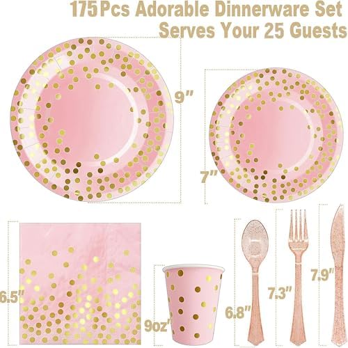 AIRE Pink Gold Paper Plates, 175PCS Disposable Dinnerware Set for 25 Guests - Image 2