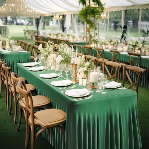Wish Care 6 Pack Hunter Green Stretch Spandex Table Clothes for 8 Foot Rectangle Tables, 8FT Wrinkle Free Fitted Tablecloths Ruffles Design Table Cover for Party, Banquet, Wedding and Events - Image 5