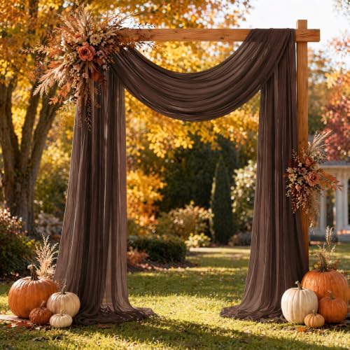Brown Wedding Arch Draping Fabric Sheer Curtain Drapes 2 Panels | 20ft Extra Long Shimmery Tan Backdrop Curtains Bulk for Wedding Anniversary Party Fall Outdoor Events Drapery Backgrounds - Image 2
