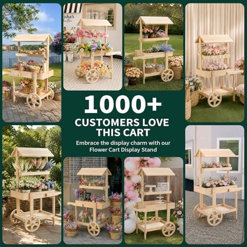 Flower Cart Display Stand with Wheels, 3-Tier Wooden Candy Cart for Party, Dessert Cart with Canopy Roof for Weddings, Bridal Shower, Baby Shower, Market & Event Decor (wood) - Image 5