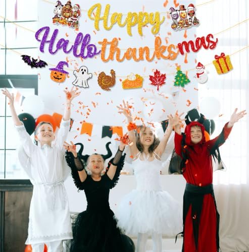 Colorful Glittery Happy Hallothanksmas Banner Holiday Party Decorations - Image 4