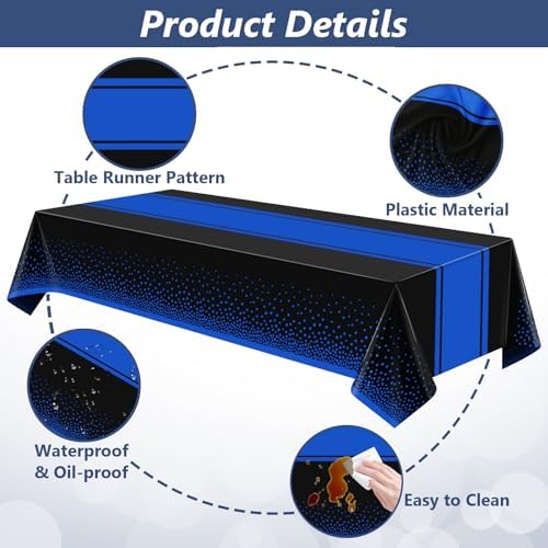 LANLISA Black and Blue Tablecloth Party Decorations 12 Pack, Disposable Plastic Table Cloths for Boss Baby Birthday Graduation Retirement Masquerade Party Decor - Image 5