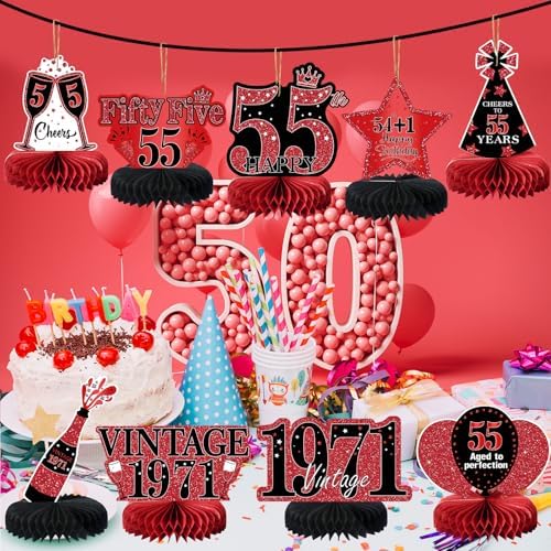 9Pcs 55th Birthday Decorations Red and Black 55th Birthday Party Decorations for Women,Happy 55 Years Vintage 1971 Aged Honeycomb Centerpieces Table Sign Decor Supplies - Image 4