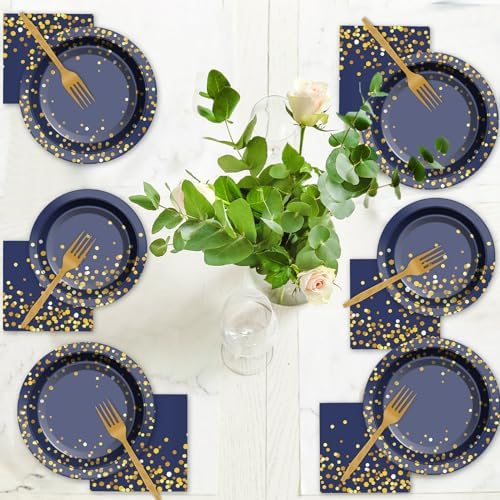 gisgfim 50 Guests Blue and Gold Party Supplies Decorations Tableware Set Blue and Gold Paper Plates Napkins Disposable Plates Graduation Tableware for Men Women Happy Birthday Party Decorations 200PCS - Image 6