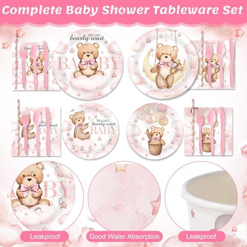 450 Pcs Bear Baby Shower Tableware Set, Serve 50, Pink - Image 3
