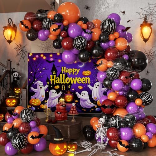 152Pcs Halloween Balloons Arch Kit with Halloween Backdrop and 3D Bat, Orange Black Purple Burgundy Balloons Garland Arch Kit for Spooky One Costume Halloween Birthday Party Decorations by Woaipati