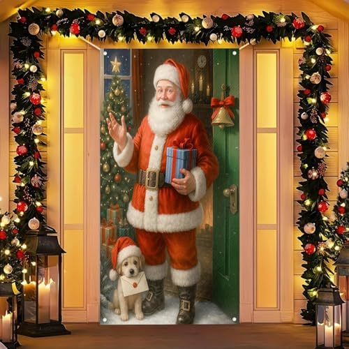 BlissYard Christmas Door Cover Santa Puppy 35x71 Inch Polyester by BlissYard