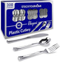 Silver Plastic Cutlery Set 300 Pack Disposable Silverware Heavy Duty Plastic 100 Forks, 100 Knives, 100 Spoons for Catering Events, Parties, Dinners, Weddings, Everyday Use, Stock Your Home by StockYourHome