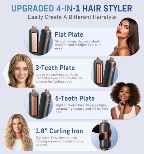 FMZ Flat Iron Hair Straightener, Titanium Ceramic Hair Straighteners for Women, Rotating 4-in-1 Dual Voltage Travel Flat Iron for Straightening, Curling, Volumizing, Root Lift, 10s Fast Heat, Black - Image 3