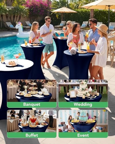 KeyWave Spandex Cocktail Table Covers, 32x43 Inch, Shiny Navy, 8 Pack - Image 2