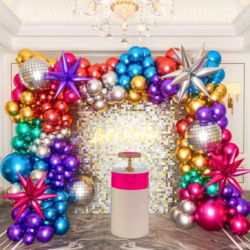 161pcs Shiny Chrome Balloon Garland Arch Kit Retro Disco Dance Party Decorations with 4D Disco Ball Balloons and Explosion Star Foil Balloons for 80s 90s Theme Neon Birthday Galaxy Supplies by Woaipati