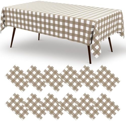 misaya 12 Packs Khaki White Buffalo Gingham Plastic Disposable Table Cloth by misaya