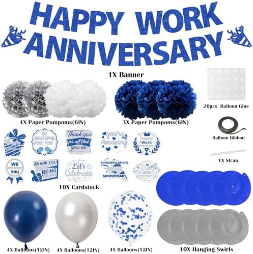 Happy Work Anniversary Decorations Banner, Blue Silver Work Anniversary Set - Image 2