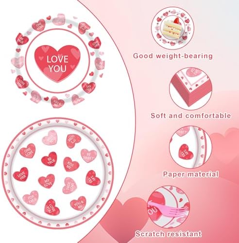 96 Pieces Valentine’s Day Tableware Set – Red and Pink Heart Message Disposable Plates, Napkins, Forks For Valentine’s Parties, Weddings, Anniversaries, Romantic Dinners – Serves 24 Guests - Image 3