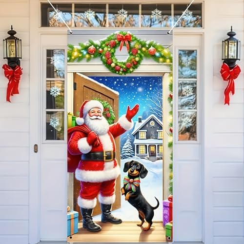 BlissYard Christmas Door Cover Santa Dachshund 70x35 Inch Polyester - Image 4