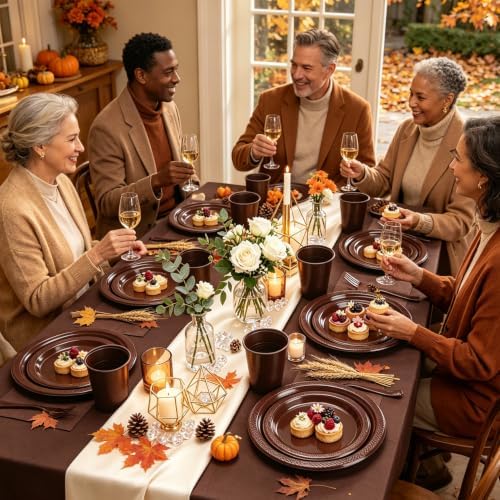 Brown Plastic Plates for Party,30 Guest Disposable Brown Party Supplies Including Dinner&Dessert Plate,12oz Cups,Cutlery,Napkins & Tablecloth Dinnerware Decorations for Birthday Wedding - Image 2