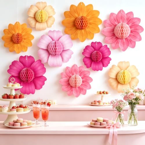 SUNBEAUTY Pink Orange Party Decorations, 9Pcs Paper Flowers Honeycomb Hanging Decor Tissue Flower Pom Poms for Girl Women Birthday Groovy Sunset Party Fall Bridal Shower Wedding Classroom - Image 5