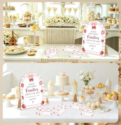 Sweet Berry Baby Shower Game, Strawberry Guess How Many Candies Are In The Jar, 6x8 Inch Arch Wooden Sign With Stand And 50 Guessing Cards, Gender Reveal Party Supplies & Decorations - JC11 - Image 5