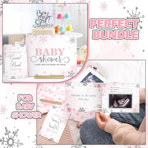 Fuyoooo 27 Pcs Pink Snowflake Baby Shower Guest Book with Pen - Image 6
