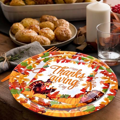 96 Pieces Happy Thanksgiving Tableware Set Party Supplies - Fall Harvest Pattern Disposable Dinnerware with Paper Plates, Napkins, Forks for Autumn and Thanksgiving Dinner BBQ Picnic Favors - Image 6