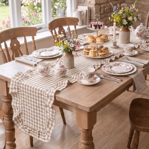 Artoid Mode Brown Farmhouse Plaid Gingham Ruffle Table Runner, Seasonal Scalloped Fall Kitchen Dining Table Decoration for Home Party Decor 13x120 Inch - Image 6