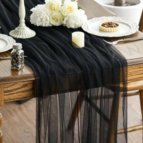Artoid Mode 3PCS Black Gauze Table Runner 120 Inch 10FT, Seasonal Sheer Kitchen Dining Holiday Wedding Birthday Baby Shower Table Decor for Home Party by ArtoidMode