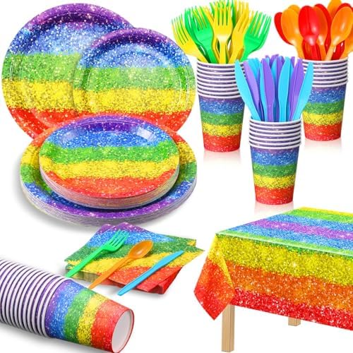 Zhehao 169 Pcs Rainbow Party Supplies Disposable Tablecloth Plates,Colorful by Zhehao