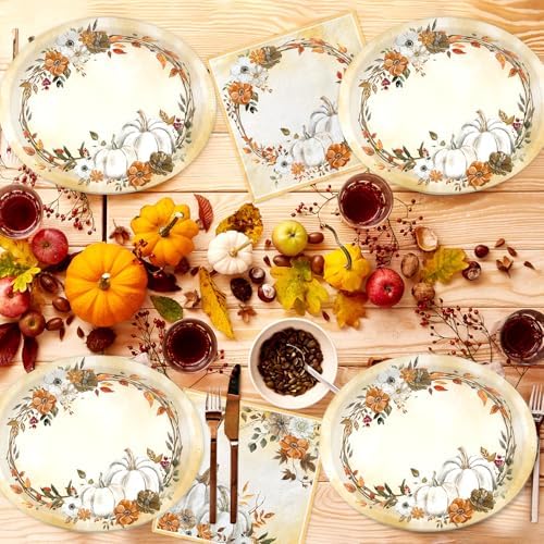 White Pumpkin Paper Plates and Napkins Serve 50, Boho Oval Fall Plates 10" x 12" with 6.5" Napkins Floral Autumn Tableware Fall Party Decorations for Birthday Baby Shower Bridal Shower Thanksgiving - Image 4