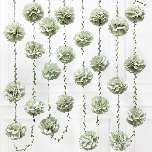 Sage Green Tissue Paper Flowers Pom Pom with Leaf Ribbon Dusty Green Hanging Garland Streamer for Birthday Wedding Shower Engagement Woodland Safari Jungle Neutral Party Decorations Supplies by pinkblume