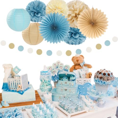 Light-Dusty Blue Beige-Champagne Baby-Shower Party-Decorations - 31pcs Welcome Home Banner Sign,Boy Paper Lanterns,Neutral Streamers Garland,Boho Tissue Pom Poms Flowers Fans Backdrop Decor Burgleda - Image 5