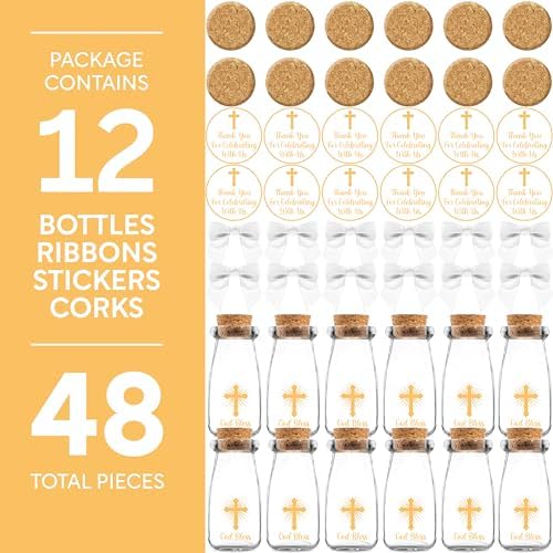 Ethisa Vintage 12 Pack Baptism Glass Bottles with Ribbons and Stickers - Classy God Bless Party Favors for Baptism and 1st Communion - Bautizo Table Centerpiece Decoration - Baby Christening Candy Jar - Image 6