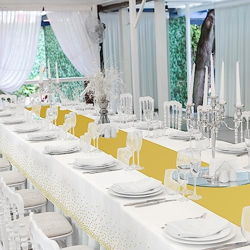 12 Pack White and Gold Tablecloth and Table Runner Set Party Decorations, White and Yellow Gold Plastic Disposable Tablecloth and Satin Table Runner for Wedding Birthday Graduation Anniversary Party - Image 7