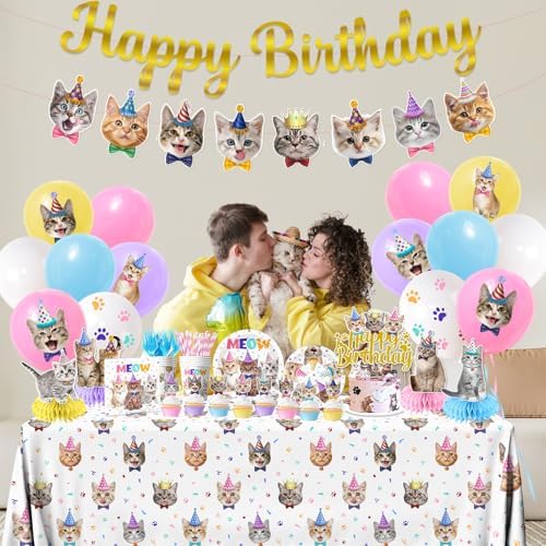 Cat Birthday Decorations,190pcs Cat Party Decorations cat Birthday Plates and Napkins Cups Tablecloth Cake Topper Hanging Swirls Centerpiece Balloon for Ca t Party Supplies - Image 2