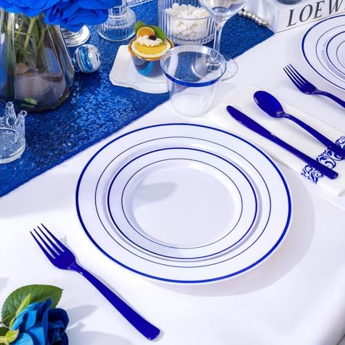 WELLIFE 700 Pcs Blue Plastic Plates for 100 Guests - Plastic Dinnerware Set,Party Supplies Includes 200 Blue Plates,300 Disposable Silverware,100 Napkins,100 Cups - Image 3
