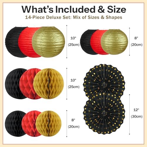 14 Pack Red Black and Gold Party Decorations Kit, Hanging Paper Lanterns & Fans for Casino Night, Red Carpet, Hollywood Theme Party, Game Night, Hibachi Party and Graduation - Image 4