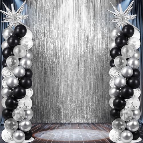 2 Sets Black Silver Balloon Column Stand Kit 3.3 X 6.6 ft Silver Photo Backdrop With Black Silver Confetti Balloons Balloon Tower Stand for Wedding Birthday Holiday Party Retirement Anniversary by EYNDYN