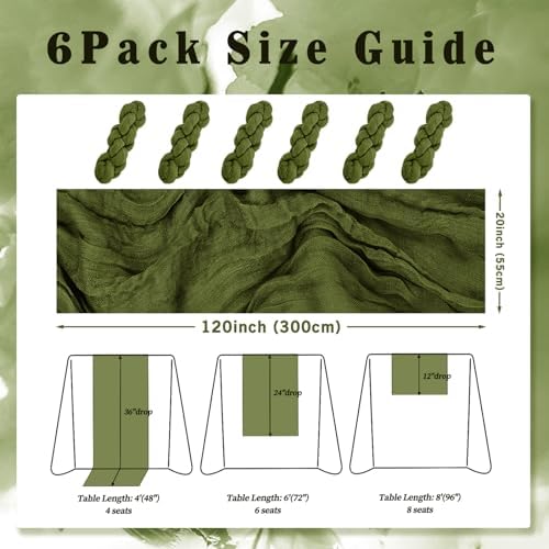 6 Pack Olive Green 10FT Cheesecloth Table Runner Rustic Gauze Cheese Cloth Table Runner for Wedding Bridal Baby Shower Table Decorations Boho Fabric Sheer Birthday Party Decor 20 x 120 Inch Long - Image 2