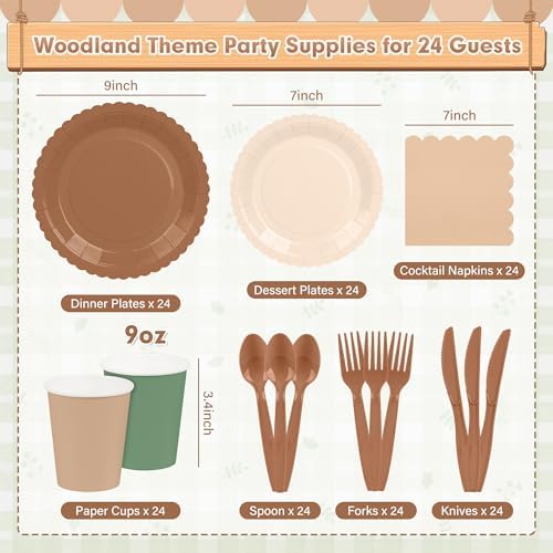 168Pcs Woodland Baby Shower Tableware Set, Green and Brown Plate and Napkin - Image 2