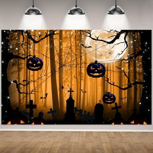 Misty Forest Backdrop Dark Spooky Halloween Eve Full Moon Orange Black Horror Spider Cemetery Hanging Pumpkins Background Photography Studio Photo Booth Props 10x7ft - Image 2