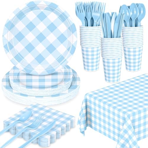 176 PCS Light Blue Gingham Round Plates and Napkins, Blue Checkered Disposable Plates Set with Napkins Cups Plastic Spoons Forks Knives for Dinner Birthday Baby Shower Wedding Supplies Serve 25 Guests by WNINK
