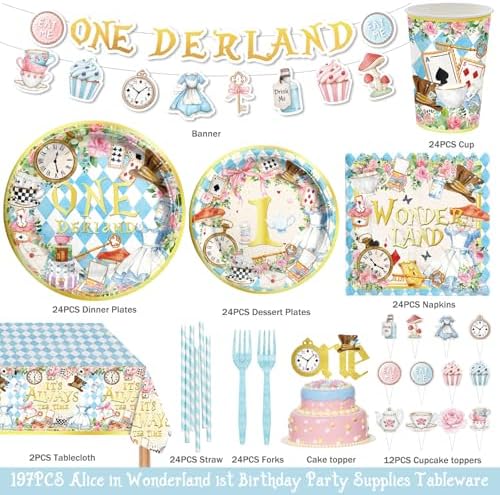 Party Inspo Onederland 1st Birthday Party Decorations for Girls-Wonderland Theme Tableware Supplies with Plates, Napkins, Cups, Cutlery, Serves 24, Perfect for Tea Party 197PCs - Image 2