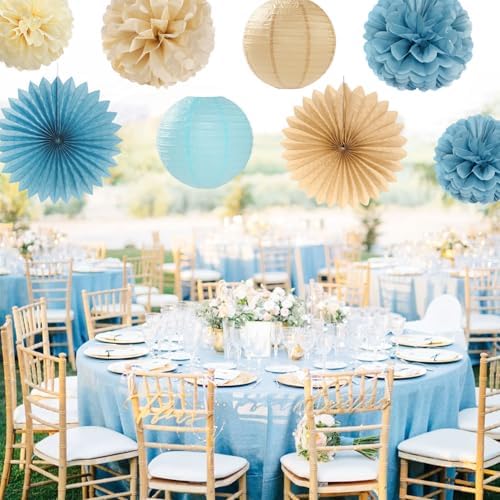 Light-Dusty Blue Beige-Champagne Bridal-Shower Party-Decorations - 31pcs Bride to Be Banner,Boho Neutral Bachelorette Paper Lanterns,Wedding Garland,Tissue Pom Poms Flower Fan Decor Supplies Burgleda - Image 6