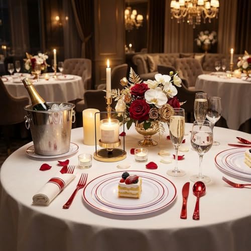 WELLIFE 350 Pcs Red Plastic Plates for 50 Guests - Plastic Dinnerware Set,Valentines Party Supplies Includes 100 Red Plates,150 Silverware,50 Napkins,50 Cups, Valentines Plates - Image 3
