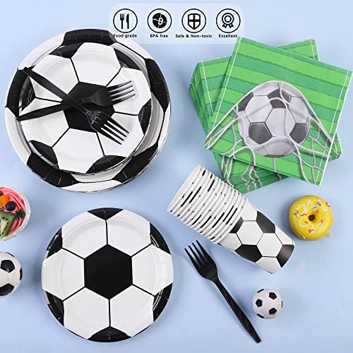 durony 144 Pieces Soccer Paper Plates and Napkins Dinnerware Set Soccer Birthday Party Tableware Supplies Includes Paper Plates Napkins Forks Serve 24 for Sports Party Supplies - Image 4